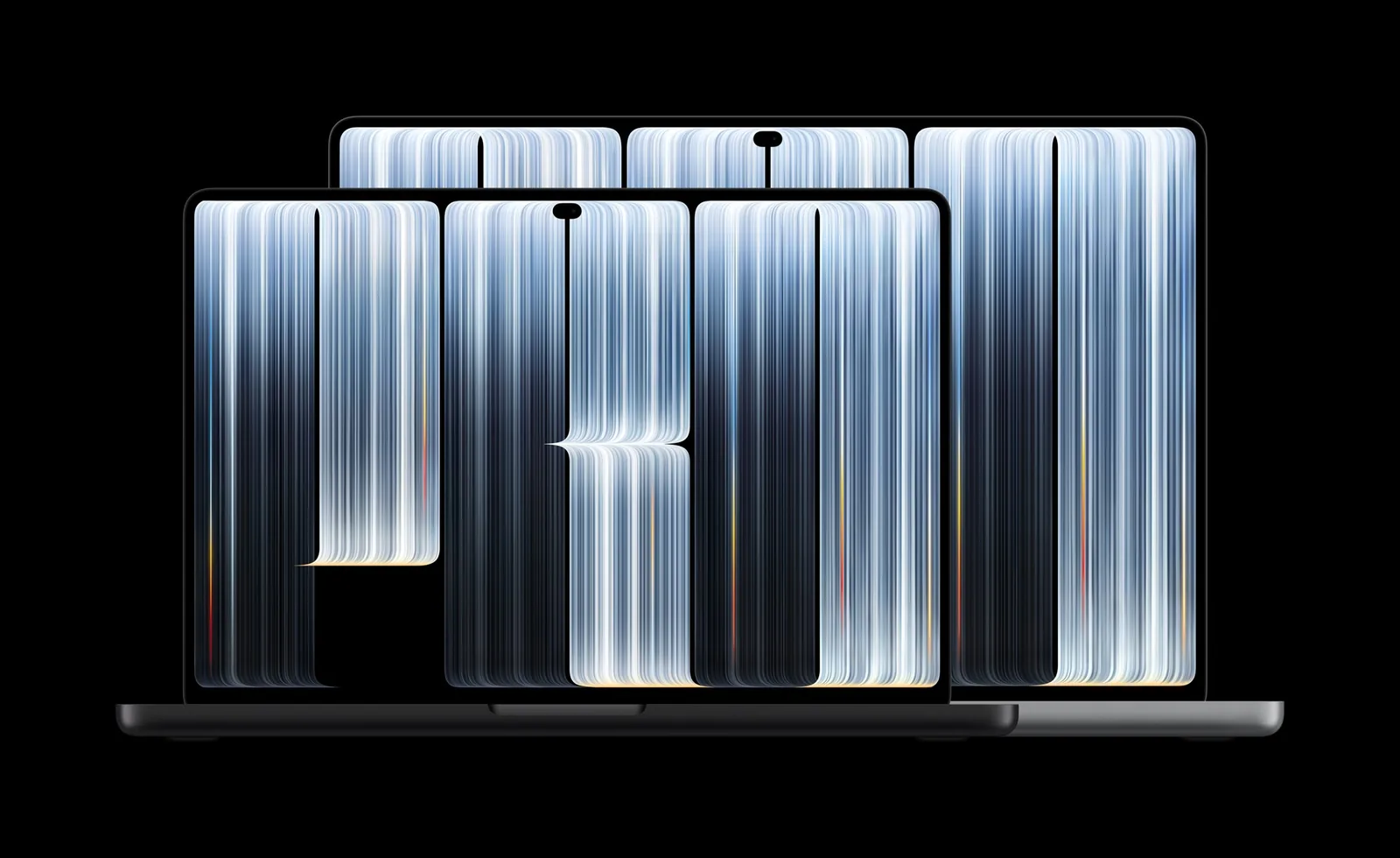 The 14-inch and 16-inch MacBook Pro with PROLED XDR Display shown open side by side from the front.