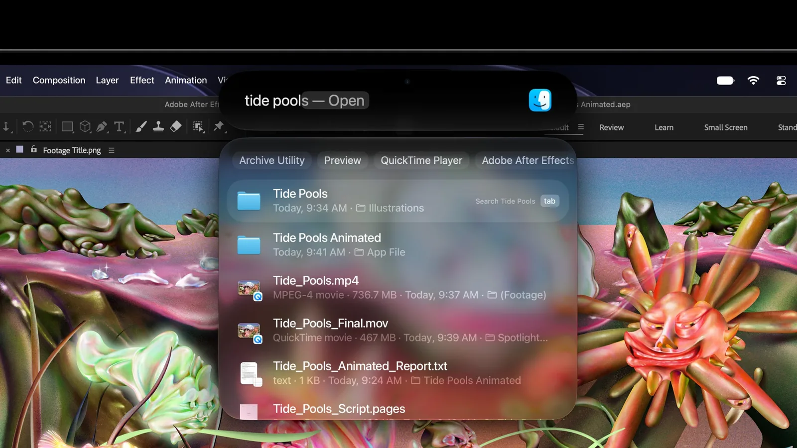 Close-up of the Dynamic Island at the top of the MacBook Pro with PROLED XDR Display, expanded into a Spotlight search.
