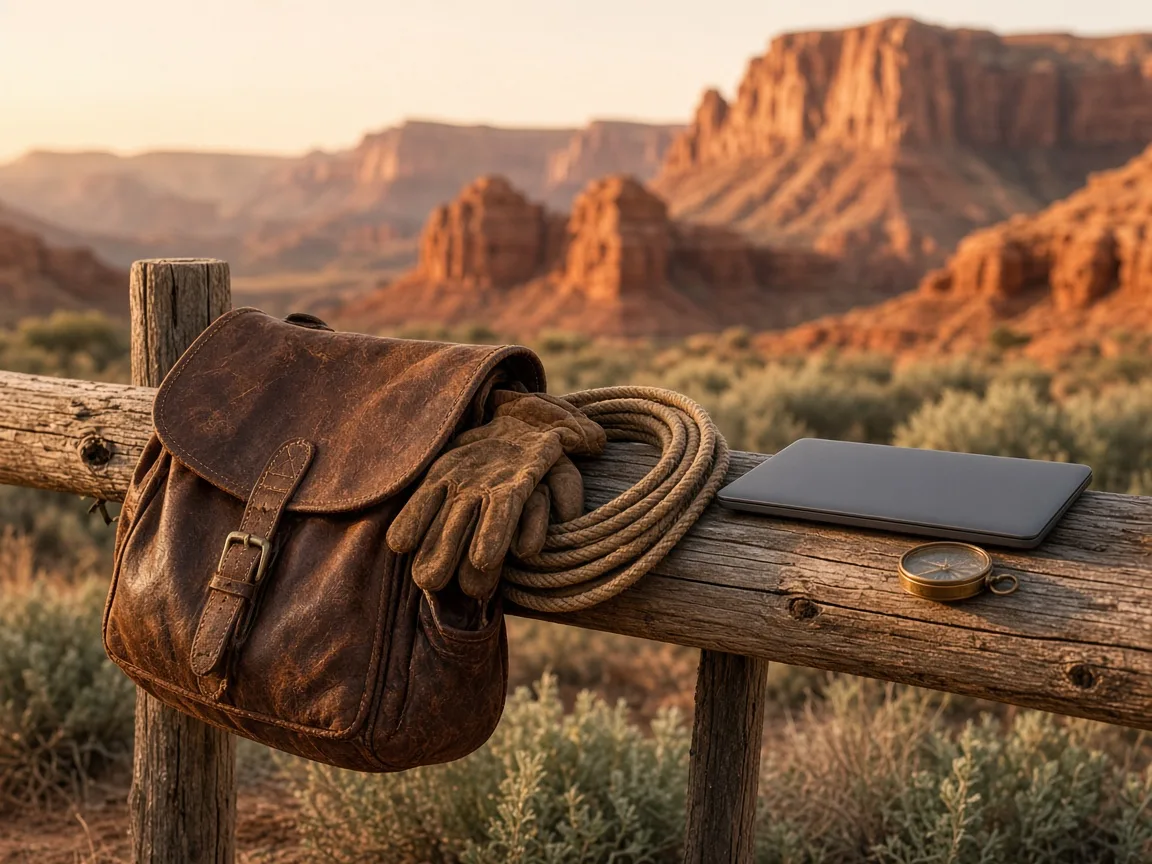 A leather saddlebag, gloves, rope, laptop and brass compass on a ranch fence at sunset