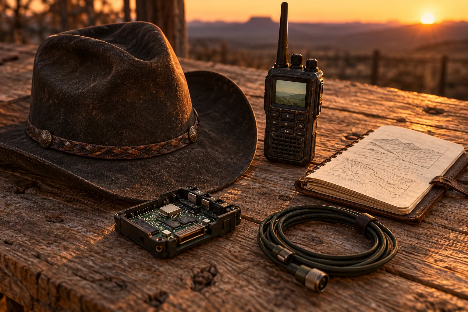 A cowboy field desk with a radio, hat, notebook, and circuit board